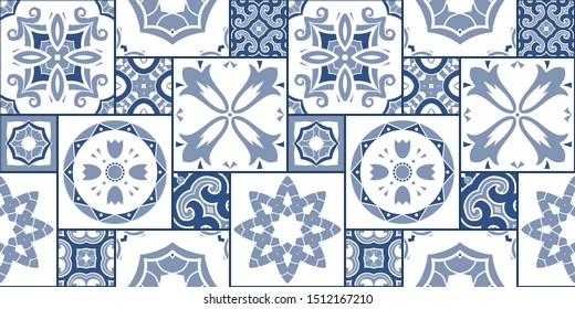 Traditional ornate portuguese decorative tiles azulejos. Abstract background. Vector hand drawn illustration, typical portuguese tiles, Ceramic tiles. Seamless pattern.