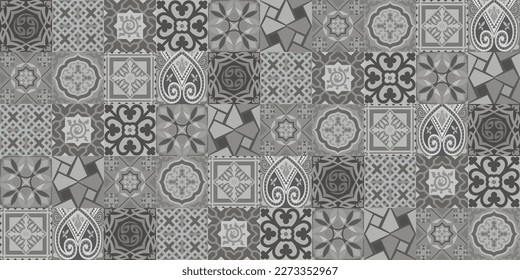 Traditional ornate portuguese decorative tiles, gray colors. Mega Gorgeous seamless patchwork pattern from colorful Moroccan, Portuguese tiles, Azulejo, ornaments.