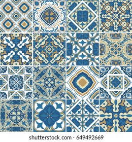 Traditional ornate portuguese decorative tiles azulejos. Abstract background. Vector hand drawn illustration, typical portuguese tiles, Ceramic tiles. Set of mandalas