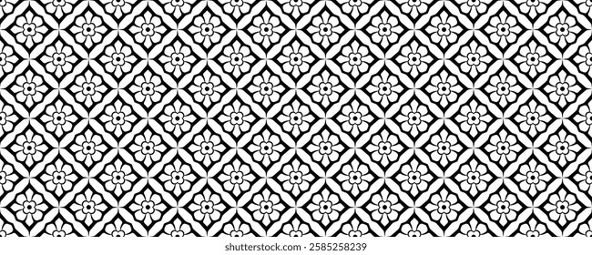 Traditional Ornate Tile Pattern with Floral Elements in Black and White