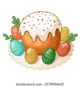 Traditional Orthodox Easter Bread with colorful eggs, vector illustration isolated on white, eps10