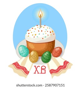 Traditional Orthodox Easter Bread with colorful eggs, candle and traditional national towel, vector illustration isolated on white, eps10