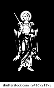Traditional orthodox image of Archangel Uriel. Christian antique illustration black and white in Byzantine style
