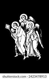 Traditional orthodox image of Archangels. Christian illustration black and white in Byzantine style