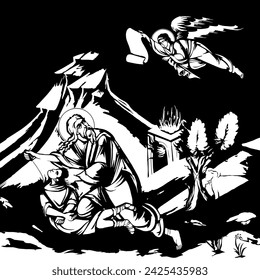 Imagen ortodoxa tradicional de la Unión de Isaac. Ilustración cristiana en blanco y negro en estilo bizantino