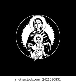 Traditional orthodox image of blessed Virgin Mary. Christian antique illustration black and white in Byzantine style