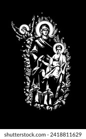 Traditional orthodox image of Burning bush. Christian antique illustration black and white in Byzantine style