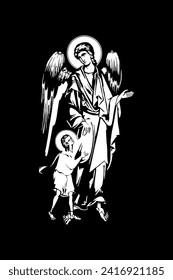 Traditional orthodox image of Guardian angel. Christian antique illustration black and white in Byzantine style