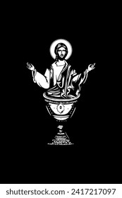 Traditional orthodox image of Heaven Liturgy. Christian antique illustration black and white in Byzantine style