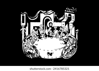 Traditional orthodox image of Holy Communion. The Last Supper. Christian antique illustration black and white in Byzantine style