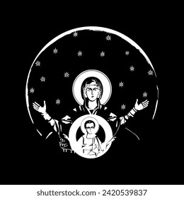 Traditional orthodox image of Holy Mary with Jesus Christ. Christian illustration black and white in Byzantine style