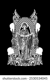 Traditional orthodox image of Intercession of the Theotokos. Christian antique illustration black and white in Byzantine style