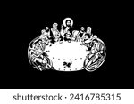 Traditional orthodox image of the Last Supper. Christian antique illustration black and white in Byzantine style