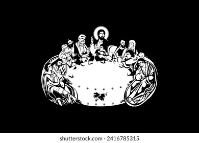 Traditional orthodox image of the Last Supper. Christian antique illustration black and white in Byzantine style