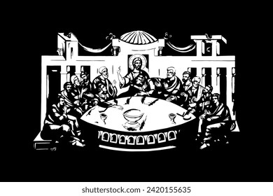 Traditional orthodox image of the Last Supper. Christian illustration black and white in Byzantine style