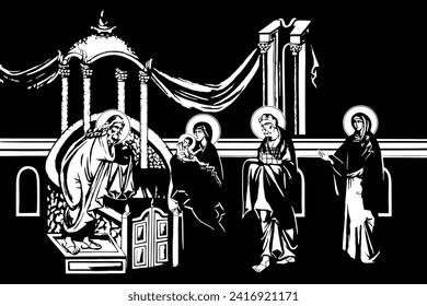 Traditional orthodox image of the Presentation of Jesus at the Temple. Christian antique illustration black and white in Byzantine style