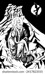 Traditional orthodox image of Prophet Saint Elijah. Christian antique illustration black and white in Byzantine style