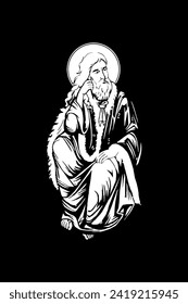 Traditional orthodox image of Prophet Saint Elijah. Christian antique illustration black and white in Byzantine style 