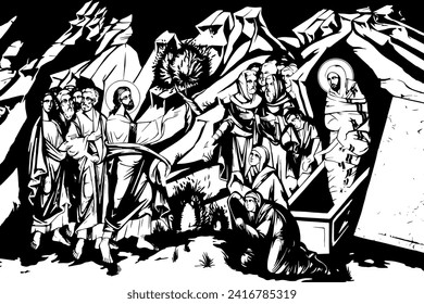 Traditional orthodox image of the Raising of Lazarus. Christian antique illustration black and white in Byzantine style