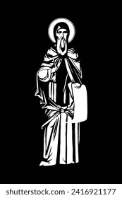 Traditional orthodox image of Saint Joanikije of Devic. Christian antique illustration black and white in Byzantine style