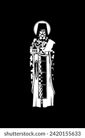 Traditional orthodox image of Saint Simeon Popovic (Dajbabe) (name english). Christian antique illustration black and white in Byzantine style