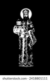 Traditional orthodox image of Saint Stefan Milutin. Christian antique illustration black and white in Byzantine style