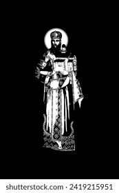 Traditional orthodox image of Saint Stefan Urosh I. Christian antique illustration black and white in Byzantine style