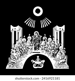 Traditional orthodox image of White Sunday. The descent of the Holy Spirit upon the Apostles. Christian antique illustration black and white in Byzantine style