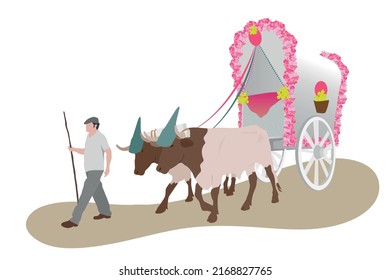 Traditional ox-drawn cart typical of the Pilgrimage of El Rocío. Wagon decorated with flowers