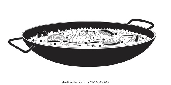 Traditional paella with seafood and peas 2D line object. Saffron rice with shrimp, mussels, squid rings in pot. Spanish dish isolated clipart vector ink outline item. Monochrome spot illustration