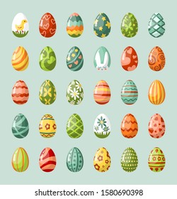 Traditional painted easter eggs flat illustrations set. Religious holiday snacks. Orthodox easter tradition. Colorful chicken eggs collection. Festive dishes isolated on blue background