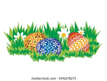 

Traditional  painted easter eggs on a meadow.
Spring time easter design element. Vector available.
