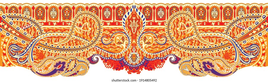 Traditional Paisley Border. Textile Design Red or Fabrics