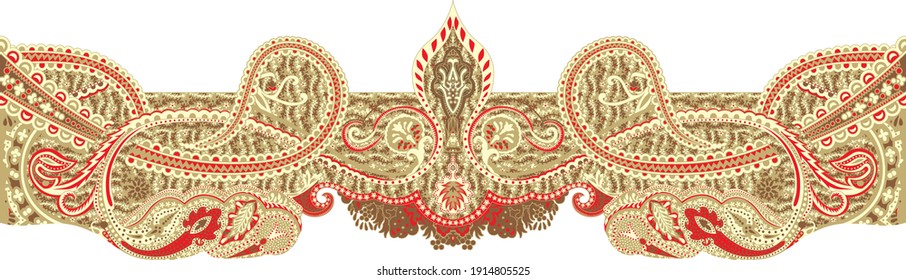 Traditional Paisley Border. Textile Design Biscuit Color