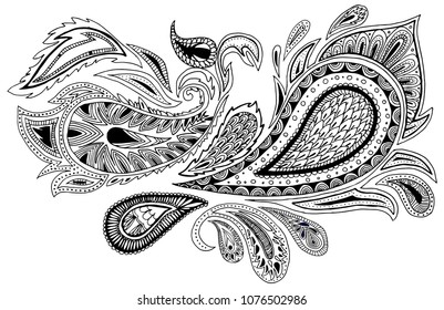Traditional paisley pattern. Black and white. Decorative ornament backdrop for fabric, textile, wrapping paper, card, invitation, wallpaper, web design. Element isolated on white background.