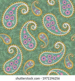 traditional paisley pattern on green background