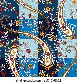 traditional Paisley pattern on patchwork navy background