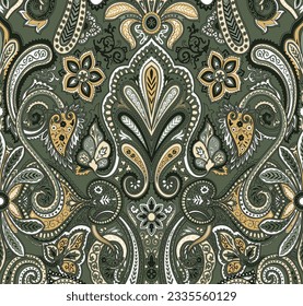 traditional paisley seamless pattern on on Green background