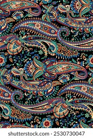 Patrón sin fisuras tradicional de Paisley sobre fondo negro