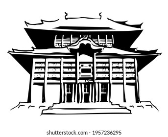 Traditional Palace in Asia, seen in China, Japan, tourist attraction, vector, illustration in black and white color, isolated on white background