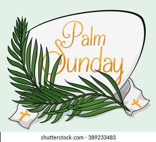 Traditional palm branches with a white stole with a cross and a sign for Palm Sunday commemoration.