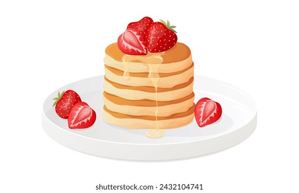Traditional pancakes with strawberries, maple syrup . Hand drawn breakfast and dessert vector illustration.