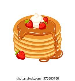 Traditional pancakes with strawberries, maple syrup and whipped cream. Hand drawn breakfast and dessert vector illustration.