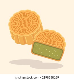 Traditional Pandan Flavour Moon Cake with Half Sliced Vector Illustration | Asian Food Flat Design Element | Bakery | Traditional Cake