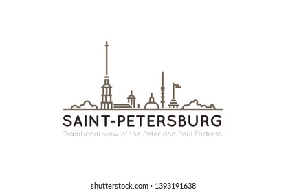 Traditional panoramic view with the outlines of the Peter and Paul Fortress, often used to represent the image of St. Petersburg. Line style illustration for use as symbol, icon or logo.