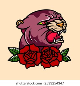 tatuaje de pantera tradicional vintage y elemento de diseño de ilustración de flores icono de mascota de tatuaje de la vieja escuela animal salvaje camiseta, ropa.