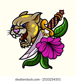 traditional panther tattoo vintage and flower of a dagger through a panther head illustration design element old school tattoo mascot icon wild surreal illustration, badges, print for t-shirt.