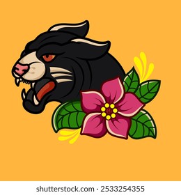 tatuaje de pantera tradicional vintage y elemento de diseño de ilustración de flores icono de mascota de tatuaje de la vieja escuela animal salvaje camiseta, ropa.