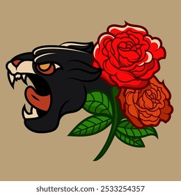 tatuaje de pantera tradicional vintage y elemento de diseño de ilustración de flores icono de mascota de tatuaje de la vieja escuela animal salvaje camiseta, ropa.