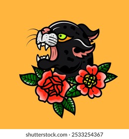 Tatuaje de pantera tradicional vintage y elemento de diseño de ilustración de flores Icono de mascota de tatuaje de la vieja escuela Ilustración surrealista de animales salvajes, insignias, impresión para camiseta.